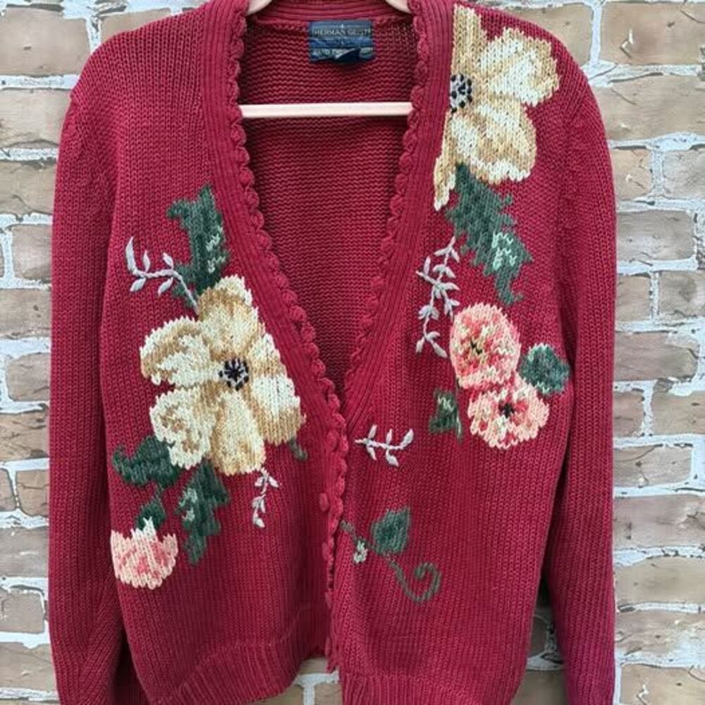 Vintage Herman Geist Size L Linen Cotton Hand Embroidered Floral Cardigan